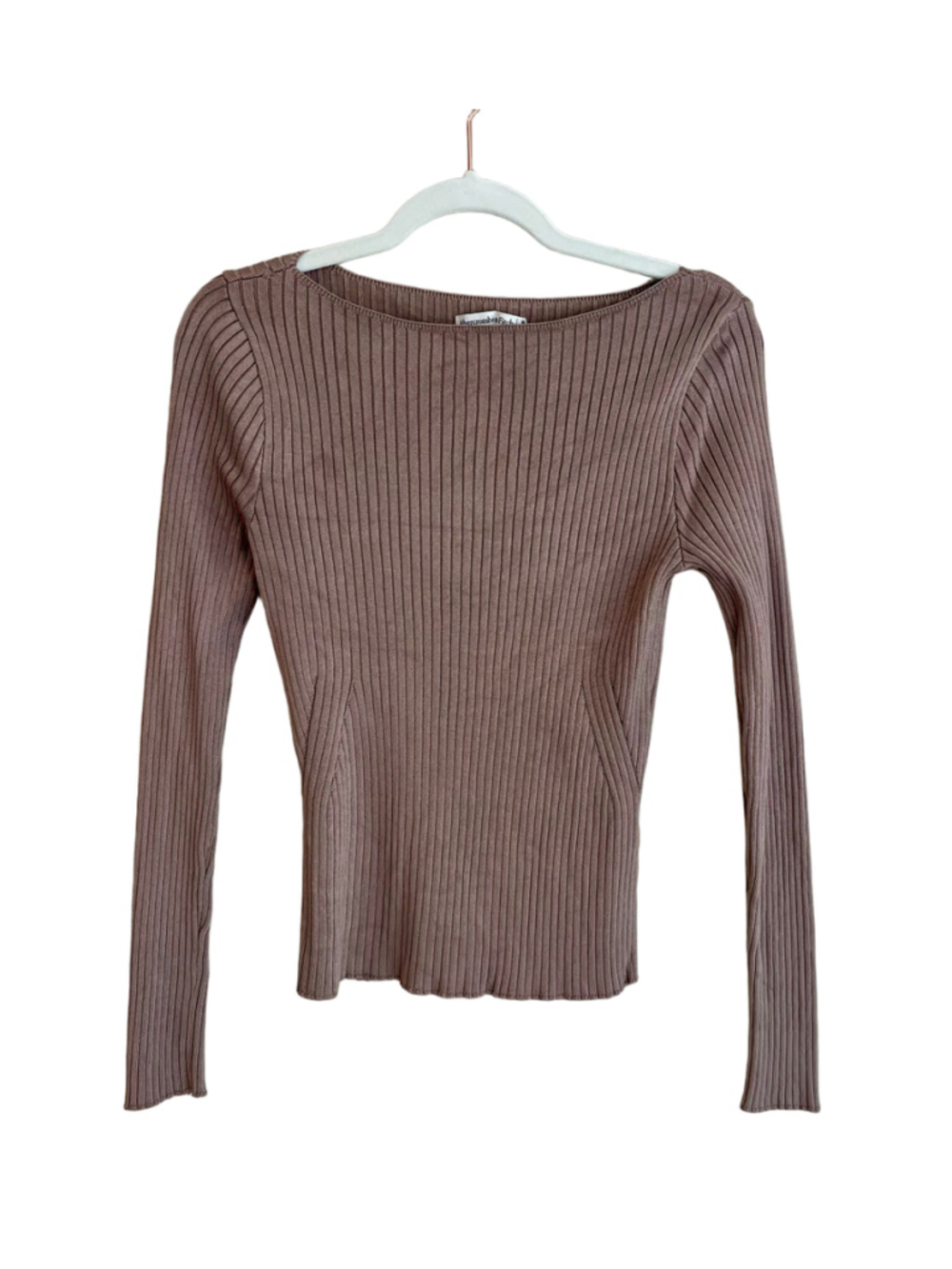 Abercrombie & Fitch Ribbed Boat Neck Top Women M Taupe Brown Long Sleeve Fitted